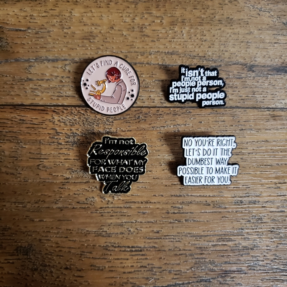 Set of 4 Humorous Enamel Pins - Pink, Black, White, Gold Accents